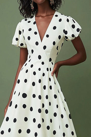 White Black Polka Dot Graduation Dress with Short Sleeves
